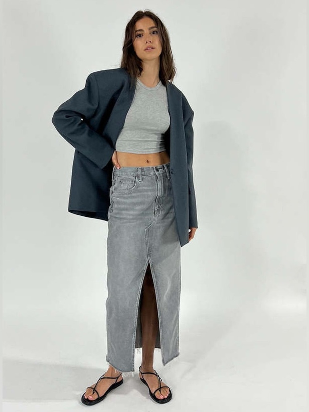 Etica Gray Katina Maxi Denim Skirt with Front Slit